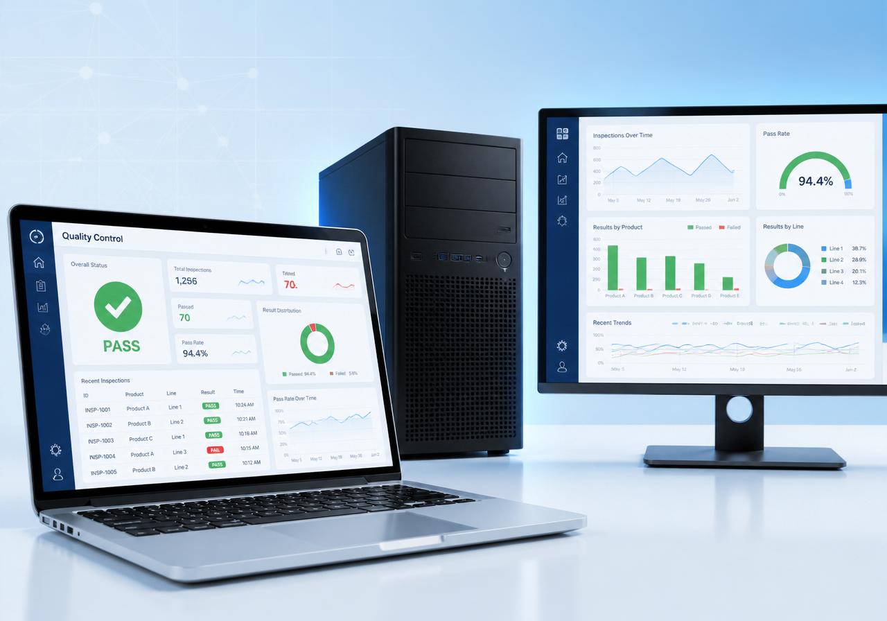 Laptop, desktop, dan monitor menampilkan dashboard Quality Control